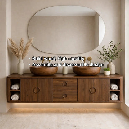 Floating Bathroom Vanity with Circle Handle Cabinets Center Drawers and Open Shelf Storage Kitchnce