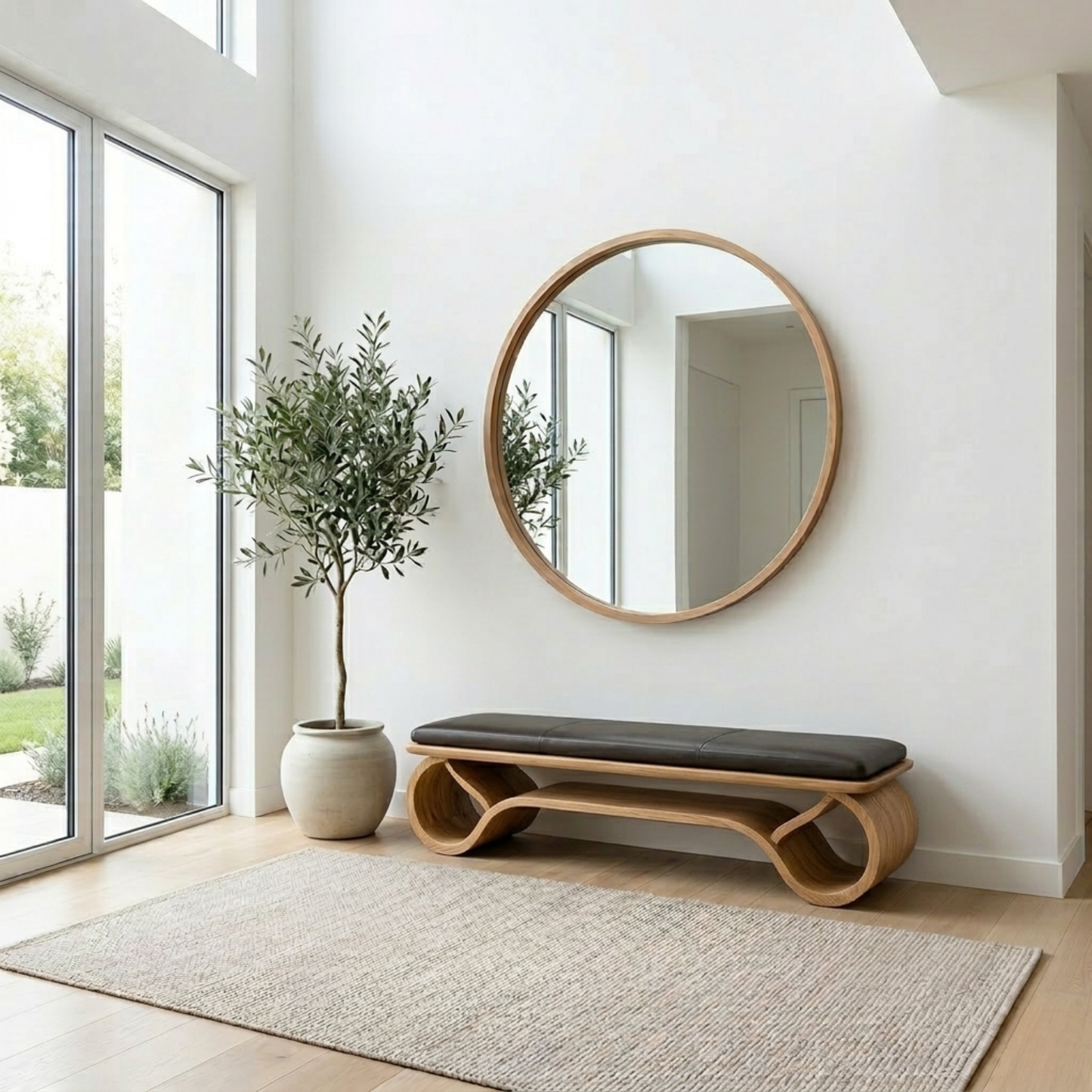 Wave Curve Solid Wood Entryway Bench with Sculptural Base – Modern Organic Style
