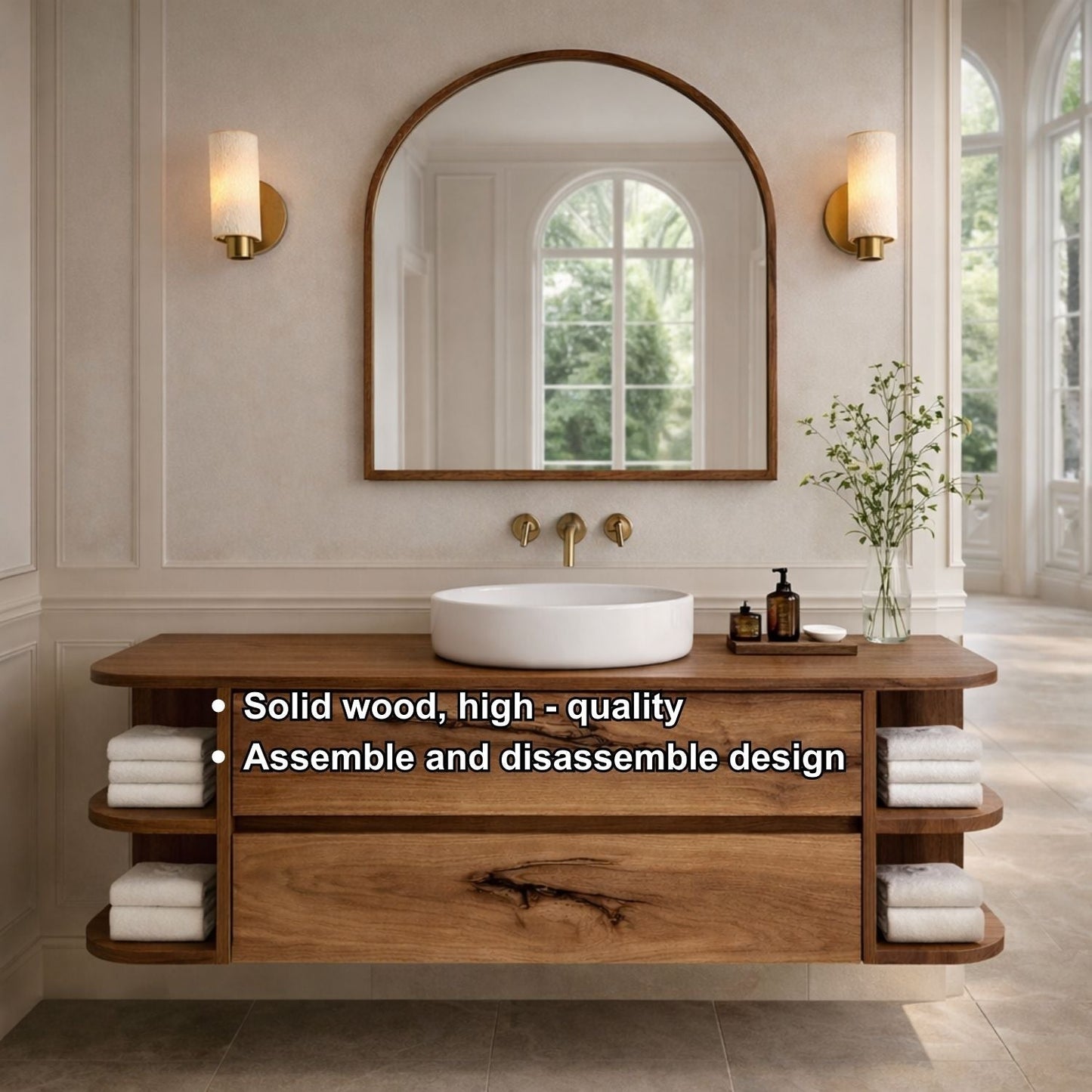 Floating Bathroom Vanity with Curved Open Shelves – Handcrafted Solid Wood Design Kitchnce
