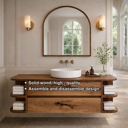 Floating Bathroom Vanity with Curved Open Shelves – Handcrafted Solid Wood Design Kitchnce