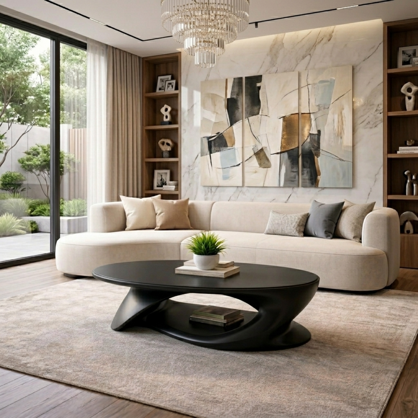 Solid Wood Oval Coffee Table with Sculptural Base – Modern Living Room Center Table Kitchnce