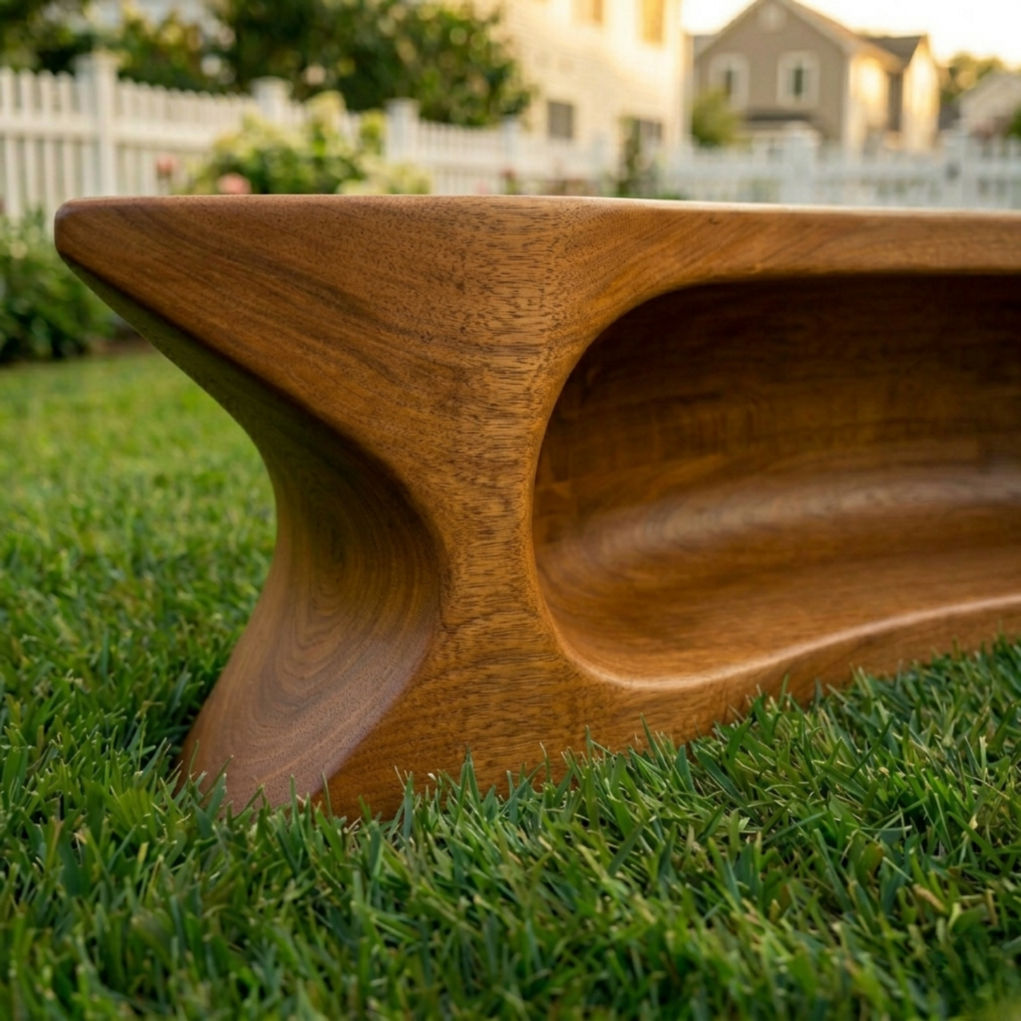 Solid Wood Outdoor Bench with Sculpted Hollow Base and Organic Curved Silhouette