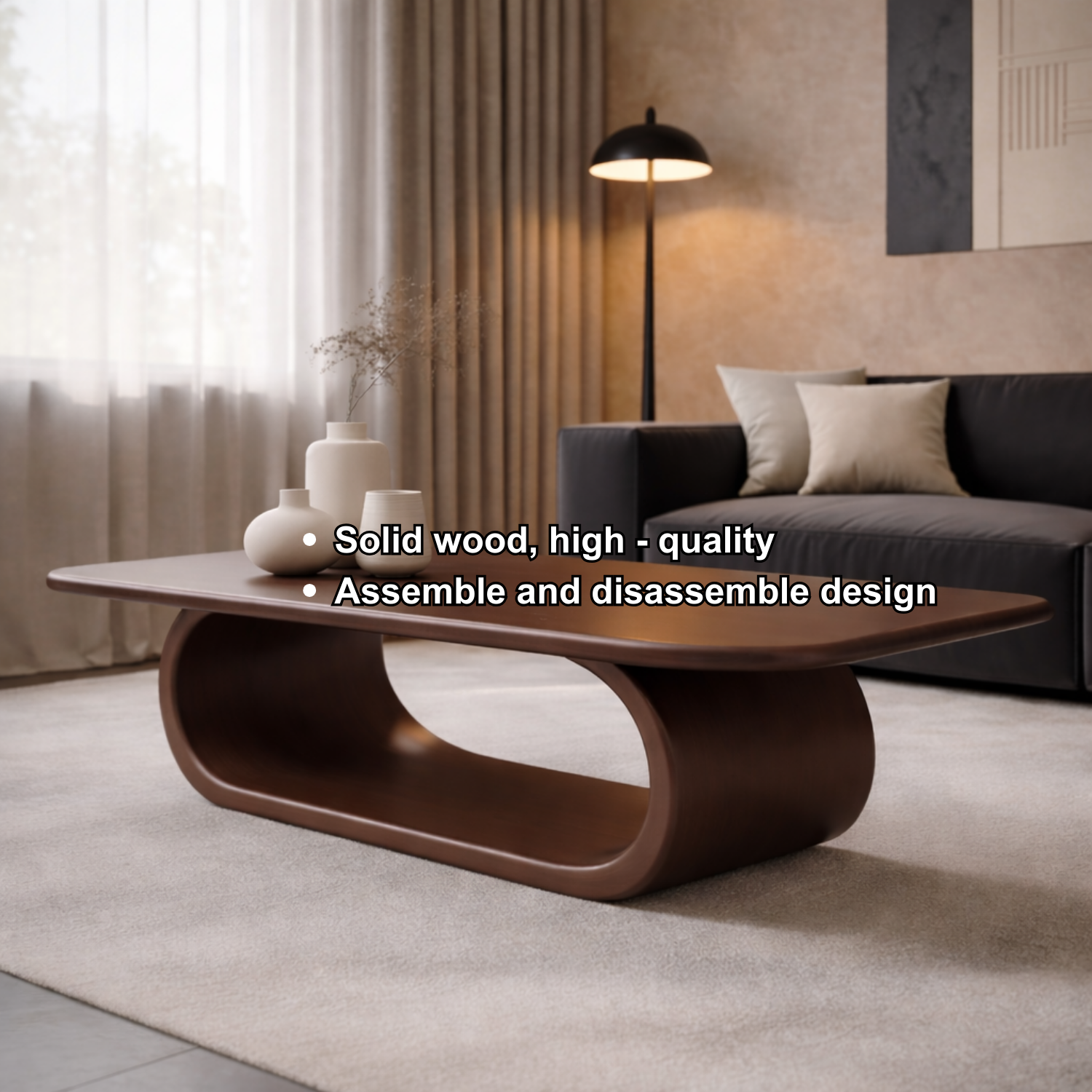 Minimalist Solid Wood Coffee Table with Sleek Curved Base – Modern Living Room Style Kitchnce