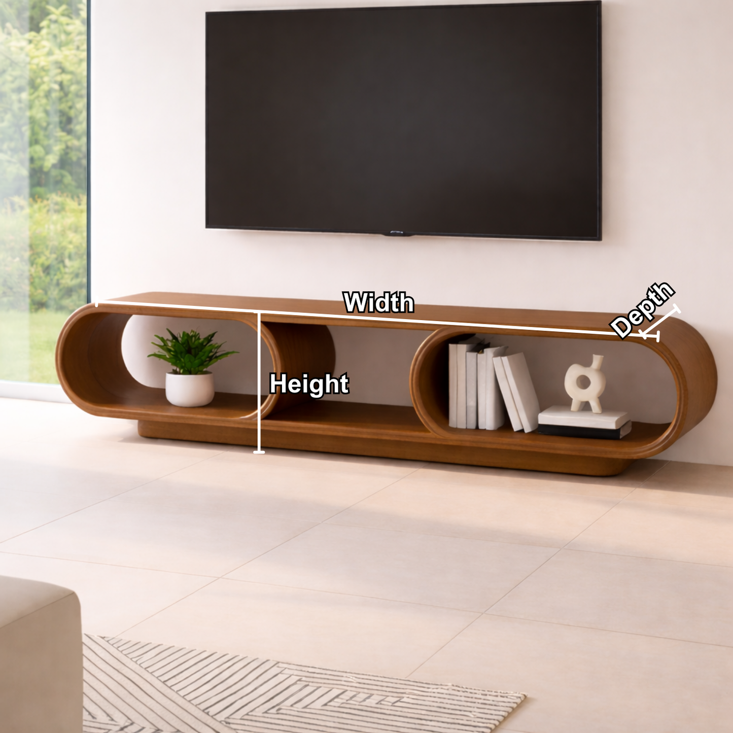Contemporary Solid Wood TV Stand with Oval Open Storage and Stylish Design Kitchnce