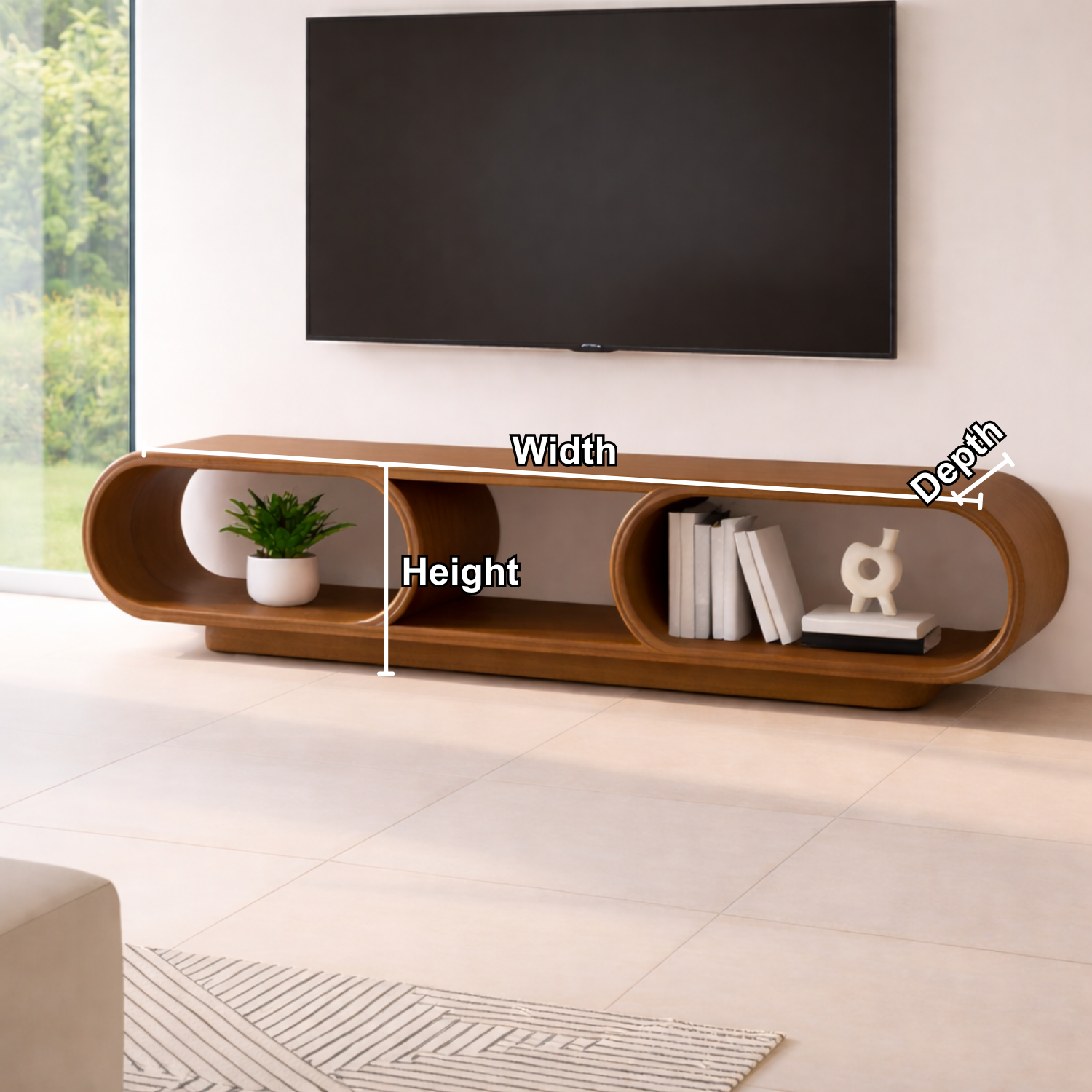 Contemporary Solid Wood TV Stand with Oval Open Storage and Stylish Design Kitchnce