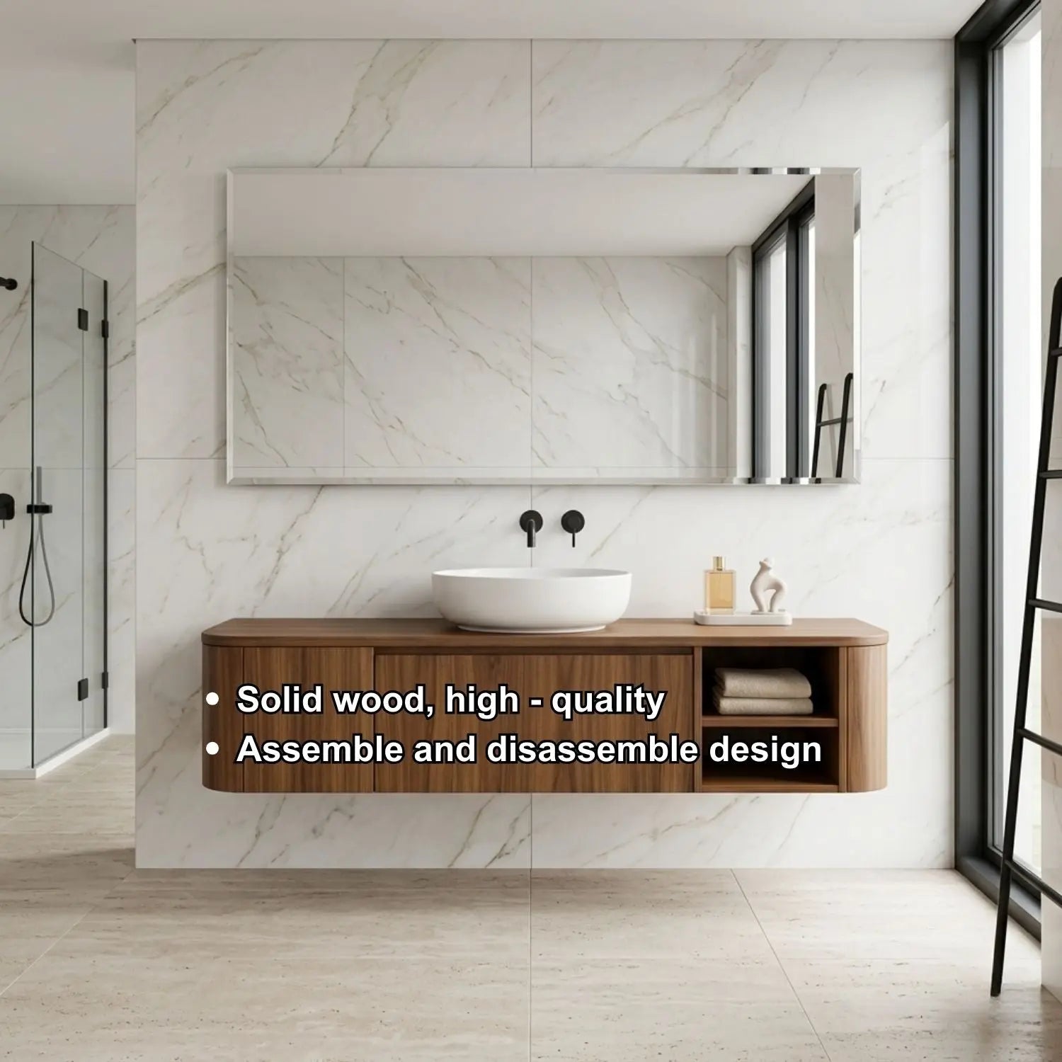 Floating Bathroom Vanity with Rounded Side Panel and Open Shelf Storage Cabinet Kitchnce