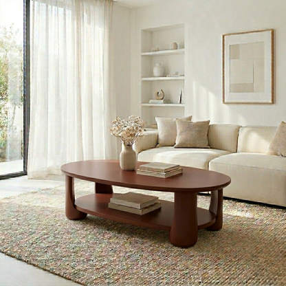 Solid Wood Oval Coffee Table with Shelf – Modern Minimalist Living Room Table Kitchnce