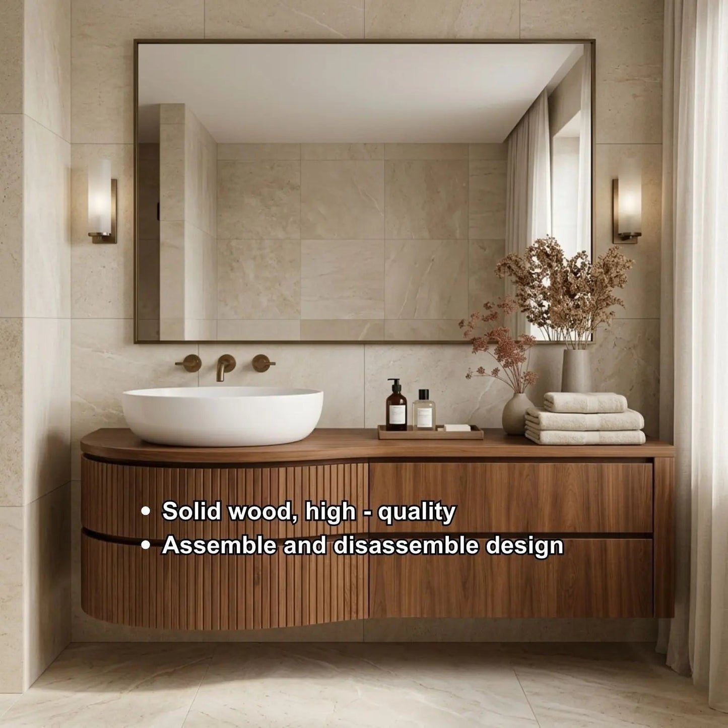 Curved Floating Bathroom Vanity with Fluted Wood Panels and Drawer Storage Kitchnce