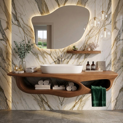 Solid Wood Floating Bathroom Vanity with Curved Shelf – Modern Wall Mounted Vanity Kitchnce
