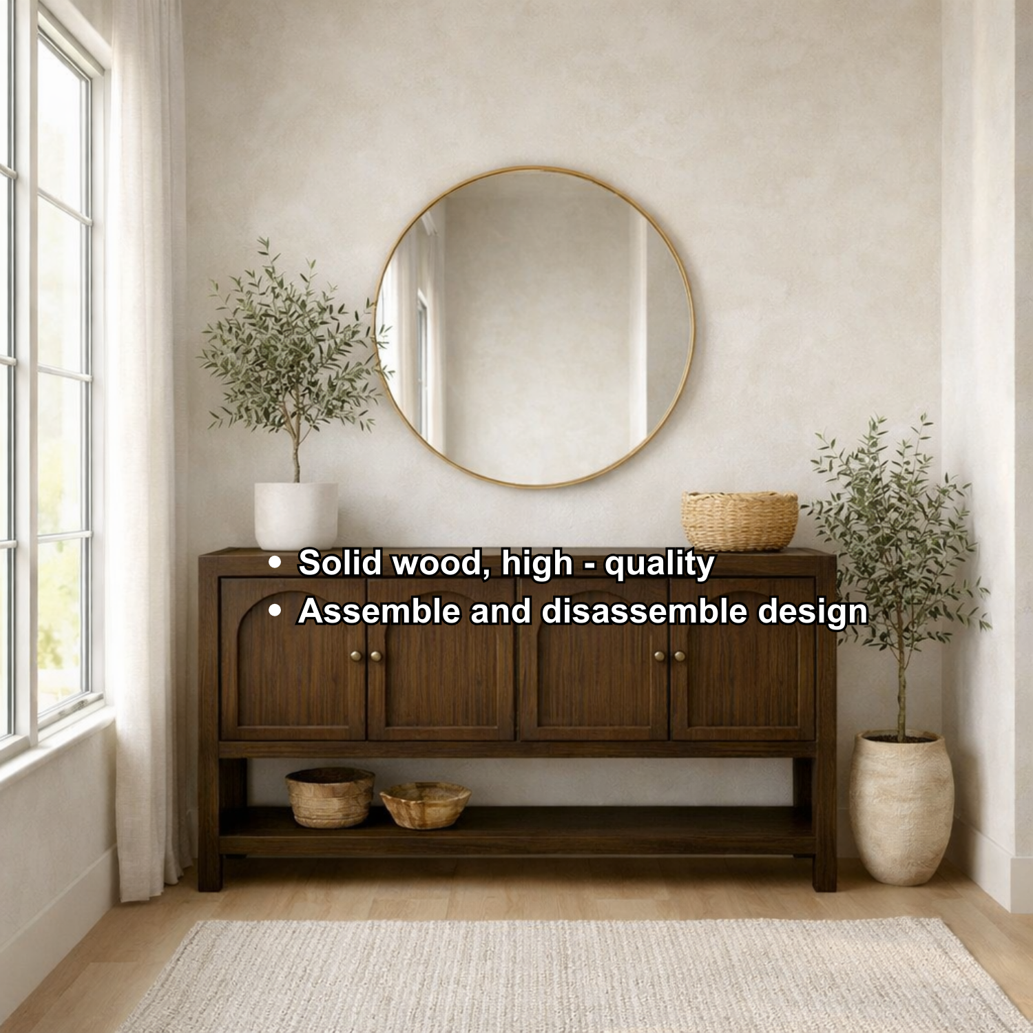 Solid Wood Console Table with Arched Doors – Rustic Storage Sideboard