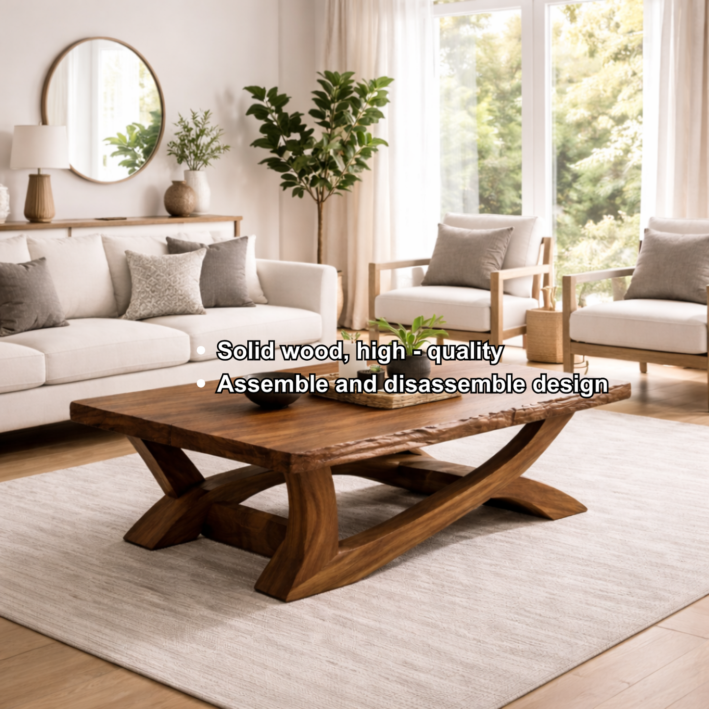 Rustic Solid Wood Coffee Table with Live Edge Design – Natural Charm for Living Rooms Kitchnce