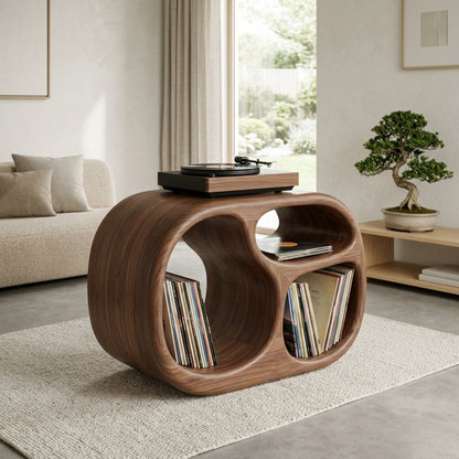 Sculpted Barrel Solid Wood Record Player Stand with Dual Vinyl Storage Kitchnce