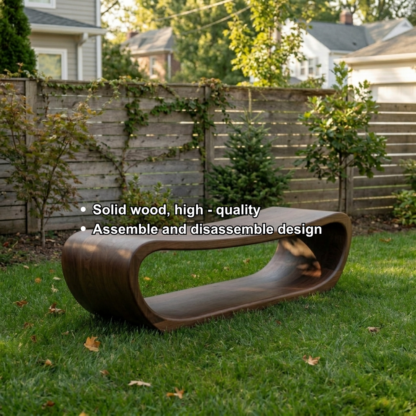 Solid Wood Outdoor Bench Curved Hollow Design with Sculptural Loop Base