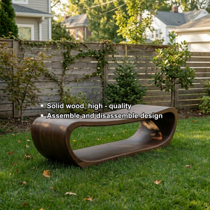 Solid Wood Outdoor Bench Curved Hollow Design with Sculptural Loop Base