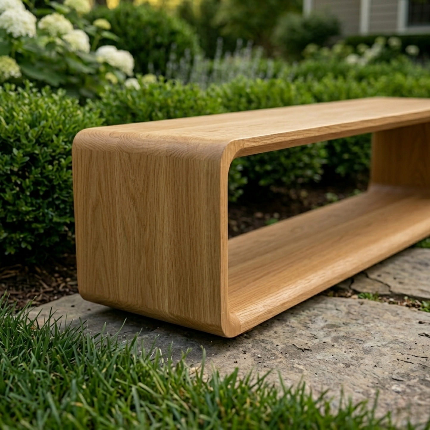 Solid Wood Outdoor Bench with Open Shelf Base and Rounded Waterfall Frame