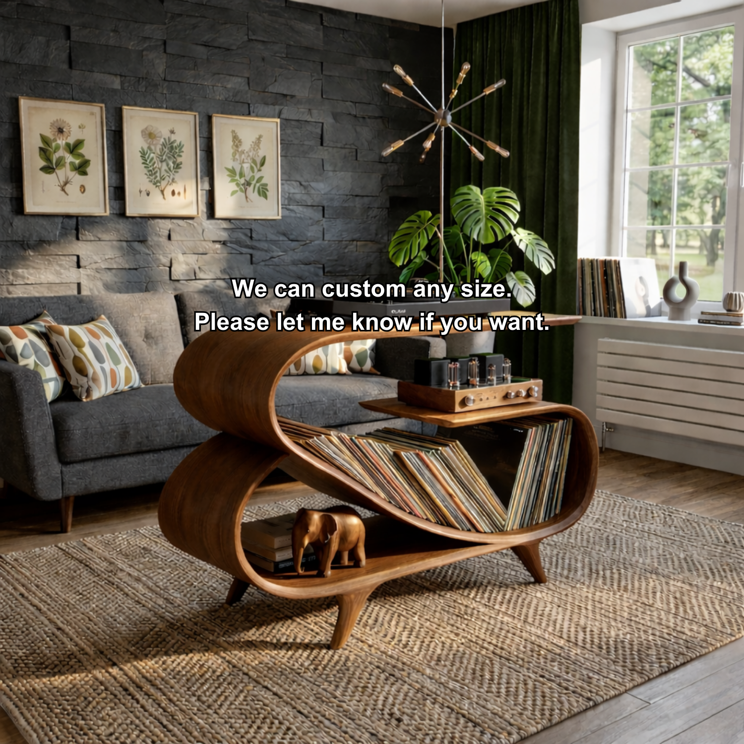 Wave Curve Solid Wood Record Player Stand with Vinyl Storage Shelf