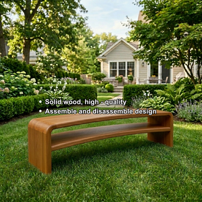 Solid Wood Outdoor Bench with Curved Waterfall Frame and Open Shelf Design