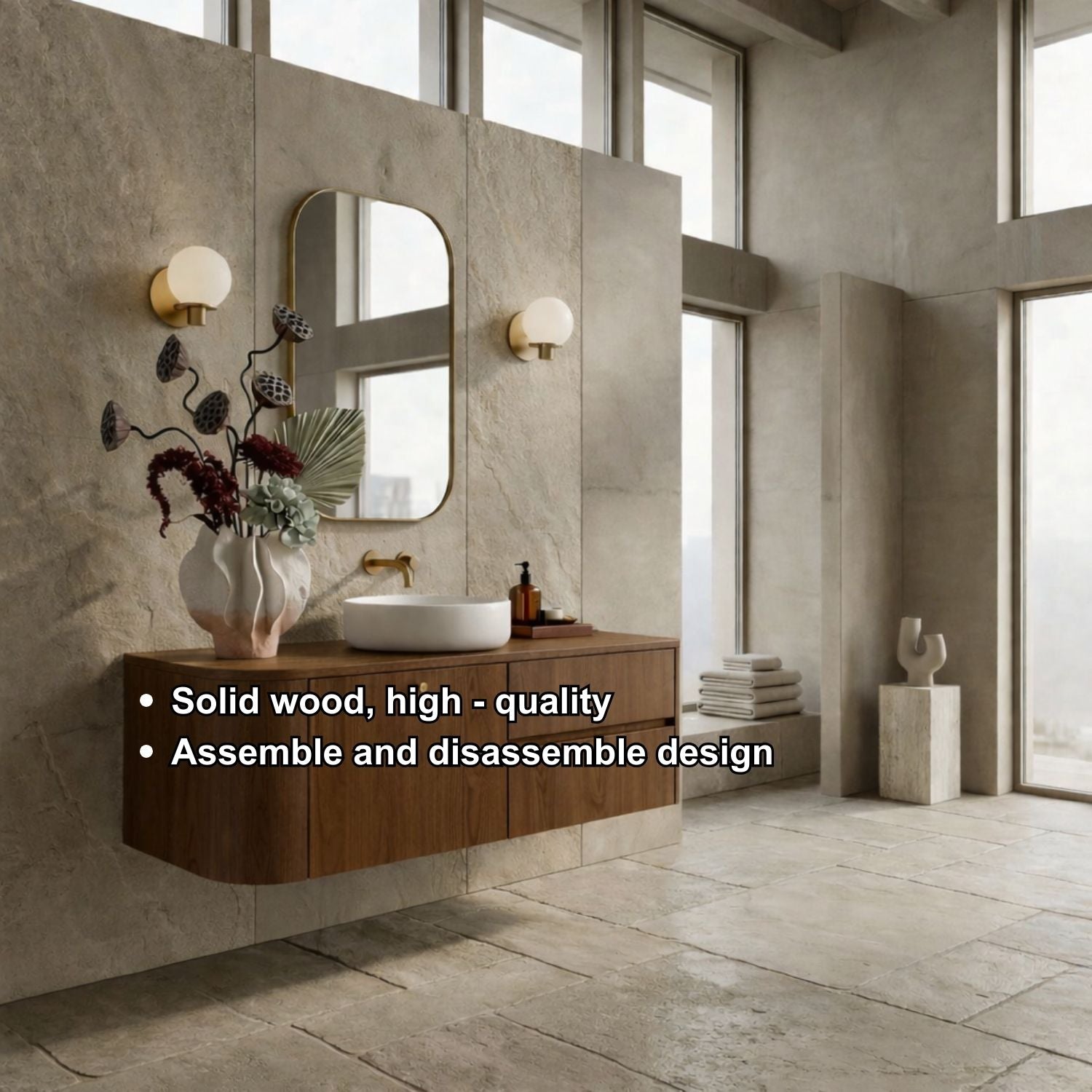 Floating Bathroom Vanity with Curved Edges and Spacious Drawers – Handcrafted Solid Wood Design Kitchnce