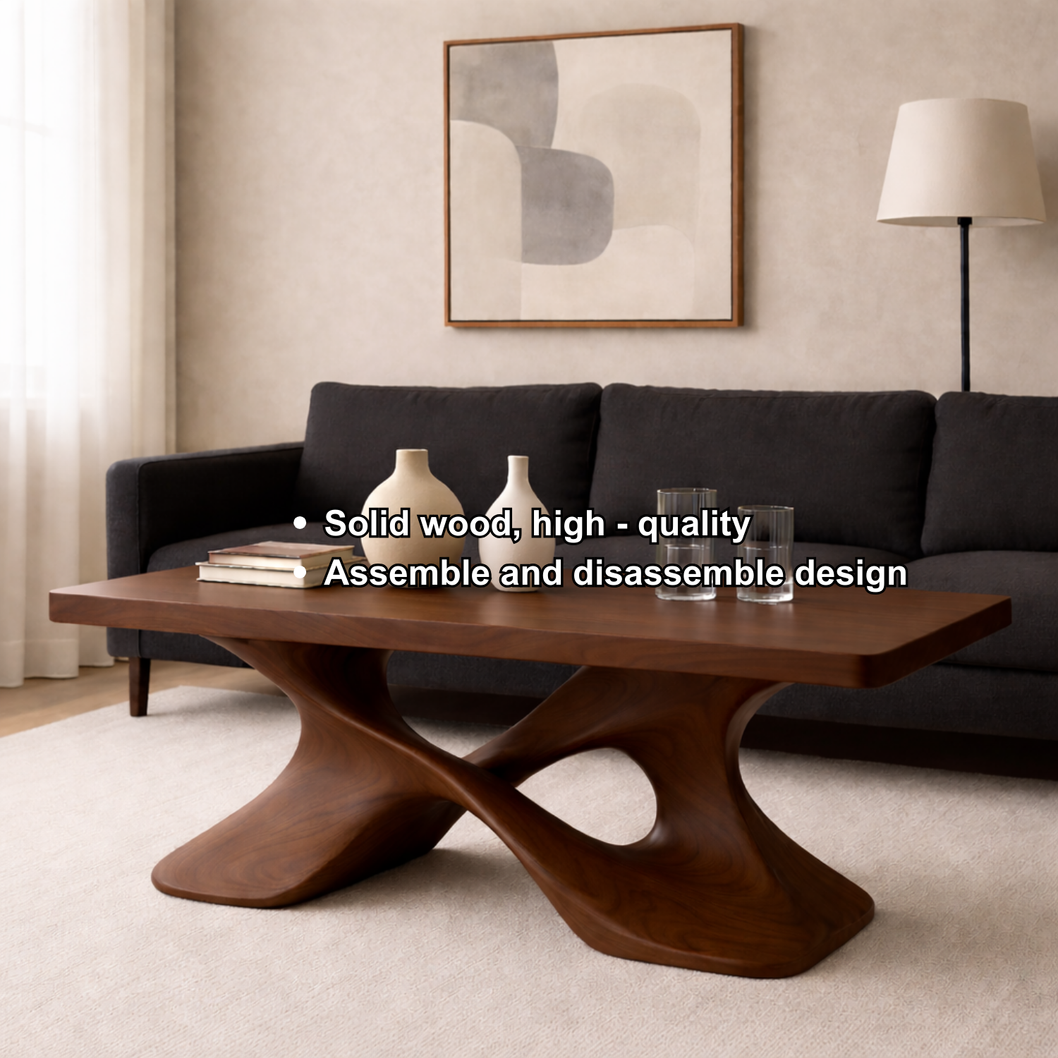Elegant Solid Wood Coffee Table with Curved Base – Modern Living Room Decor Kitchnce