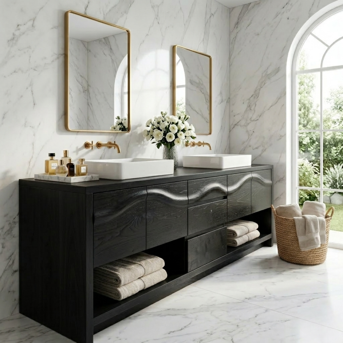 Solid Wood Bathroom Vanity for Double Sink Sculpted Front Modern Open Shelf Cabinet