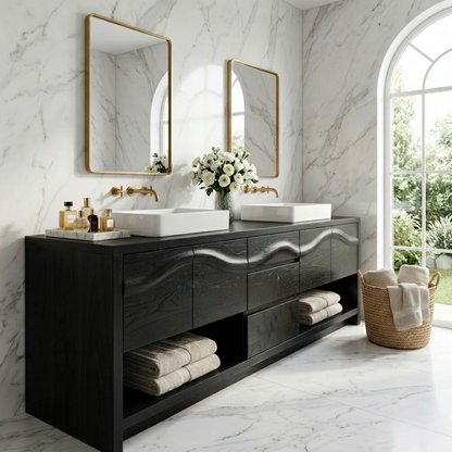 Solid Wood Bathroom Vanity for Double Sink Sculpted Front Modern Open Shelf Cabinet