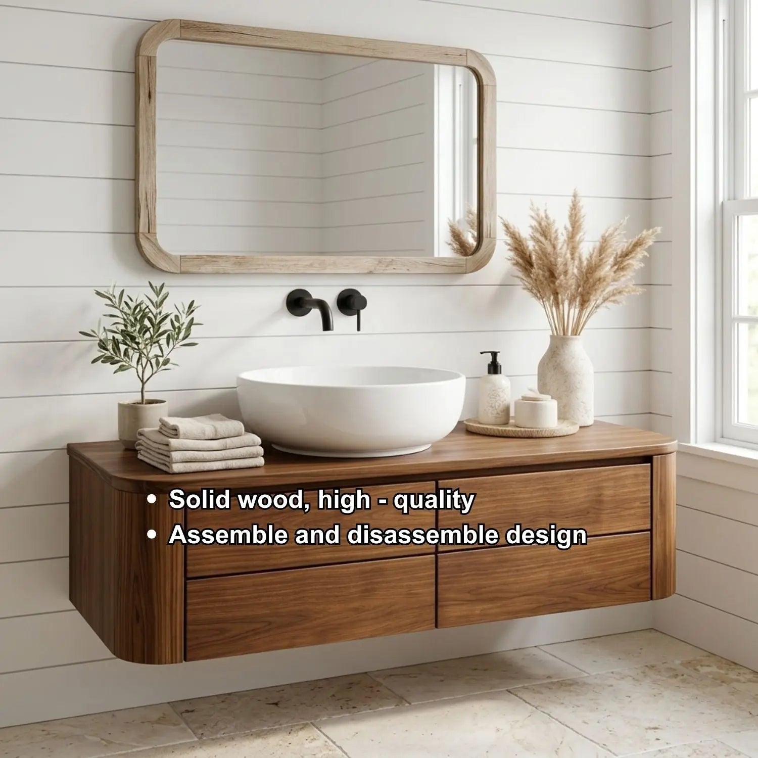 Floating Bathroom Vanity with Rounded Edges and Four Drawer Storage Cabinet Kitchnce