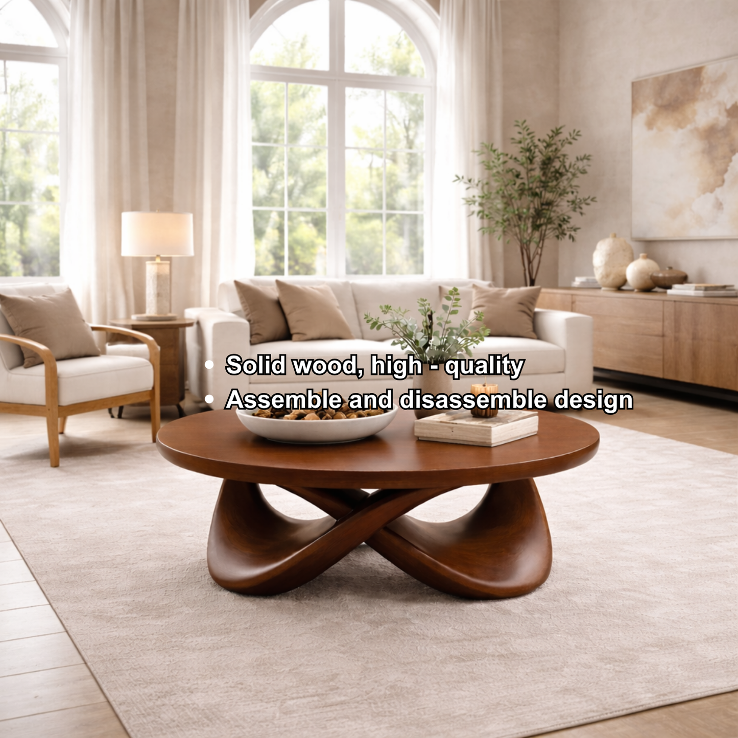 Round Solid Wood Coffee Table with Sculptural Base – Modern Designer Living Room Table Kitchnce