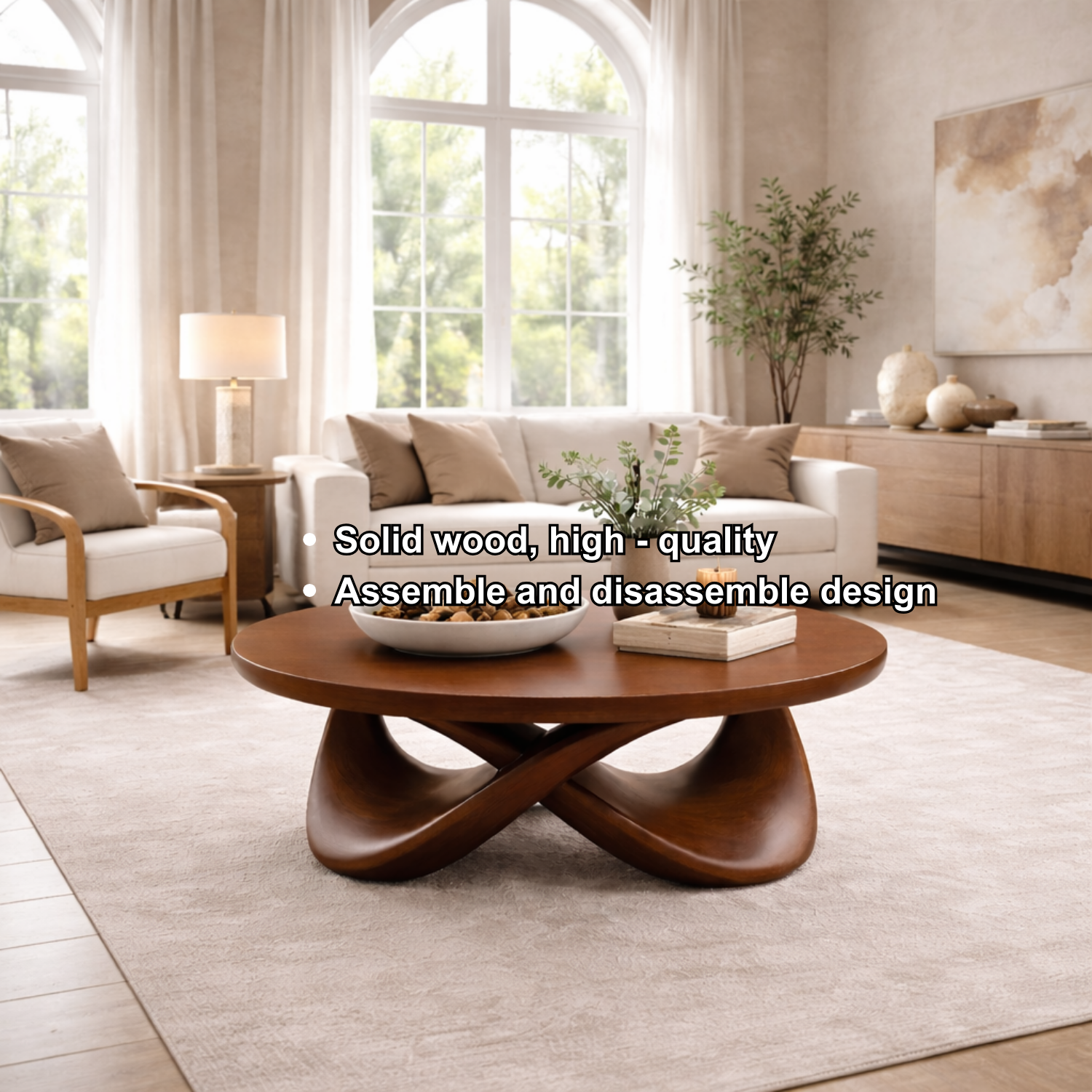 Round Solid Wood Coffee Table with Sculptural Base – Modern Designer Living Room Table Kitchnce