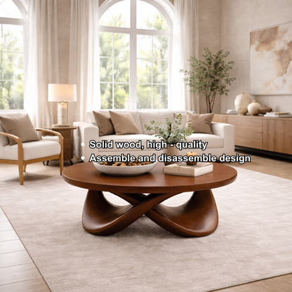 Round Solid Wood Coffee Table with Sculptural Base – Modern Designer Living Room Table Kitchnce