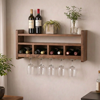Handcrafted Wooden Wall Wine Rack with Glass Holder – Modern Home Bar Shelf