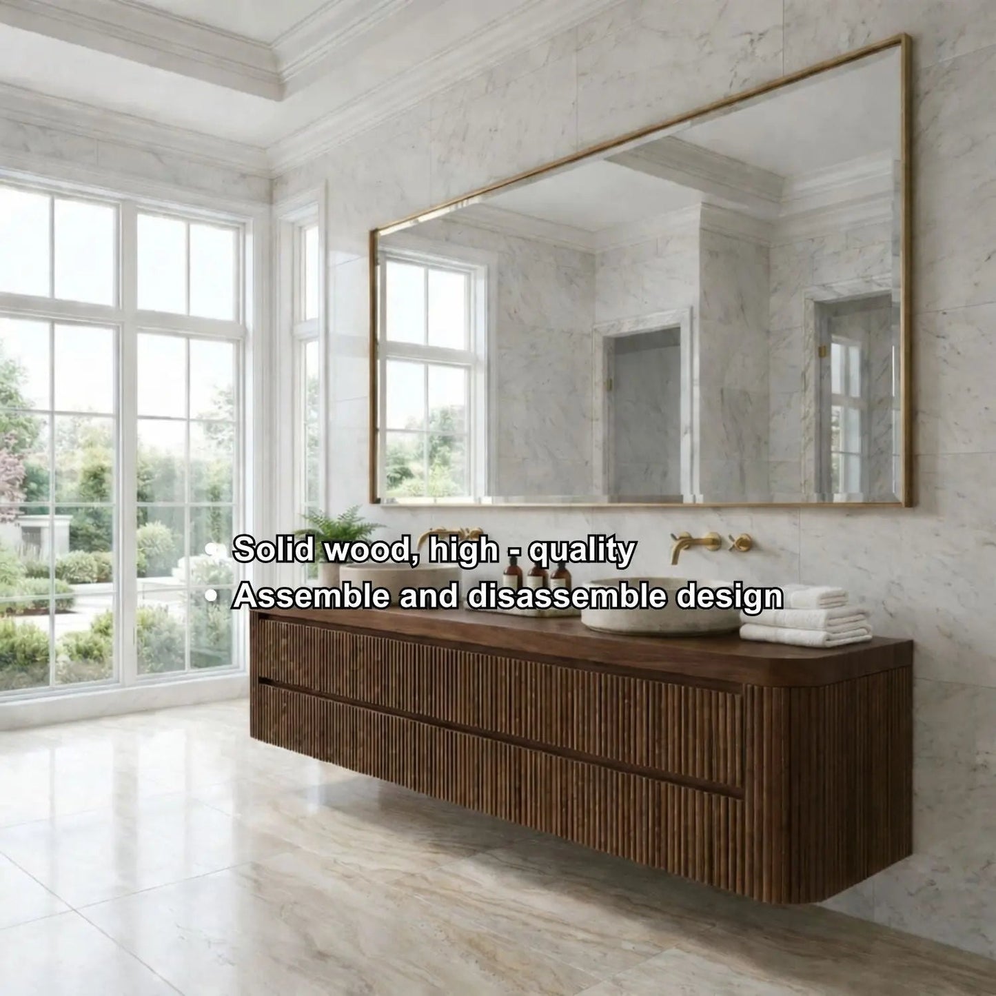 Floating Double Sink Bathroom Vanity with Fluted Front Drawers – Modern Solid Wood Kitchnce