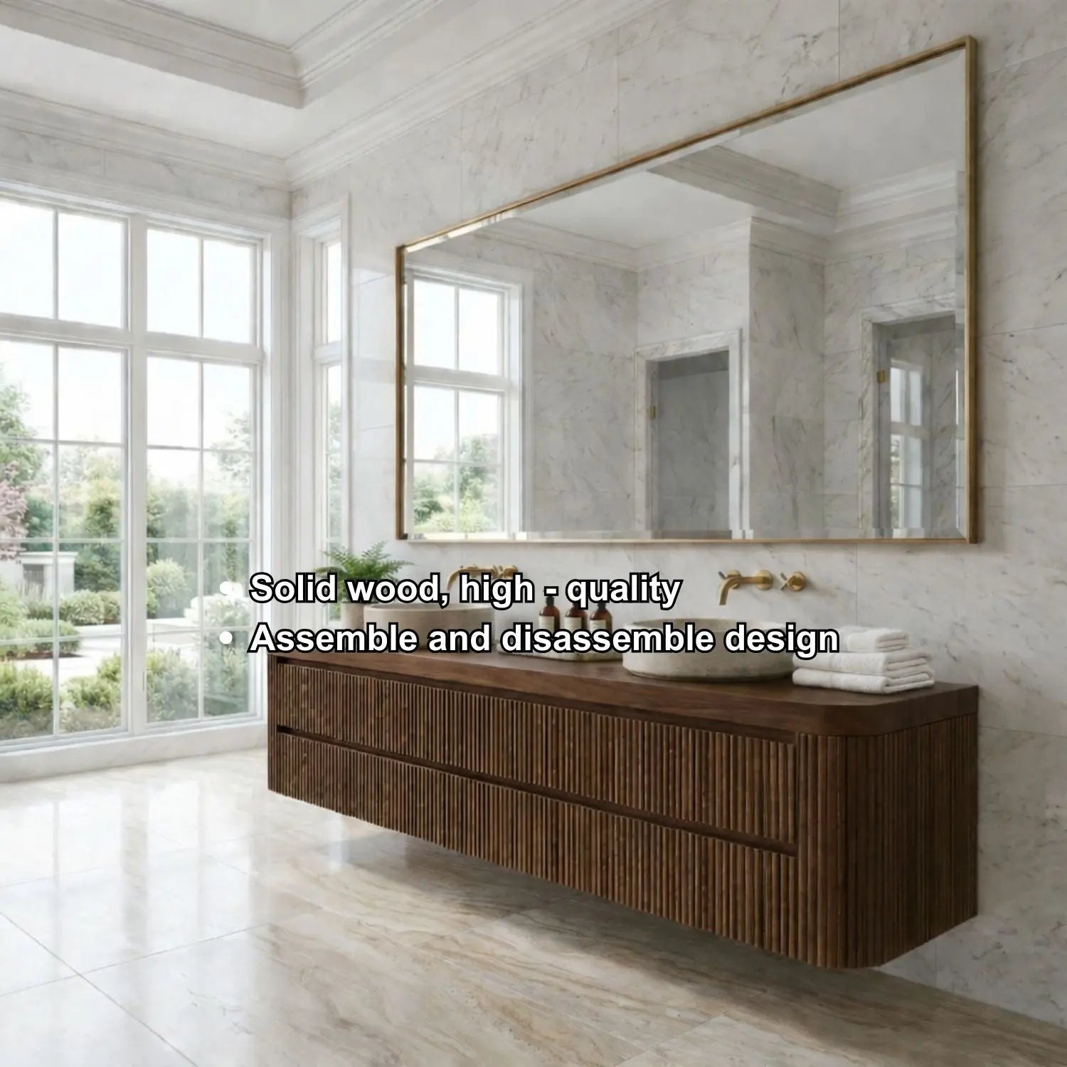 Floating Double Sink Bathroom Vanity with Fluted Front Drawers – Modern Solid Wood Kitchnce
