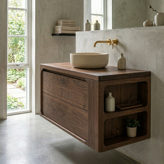 Floating Solid Wood Bathroom Vanity with Curved Frame and Integrated Side Shelves