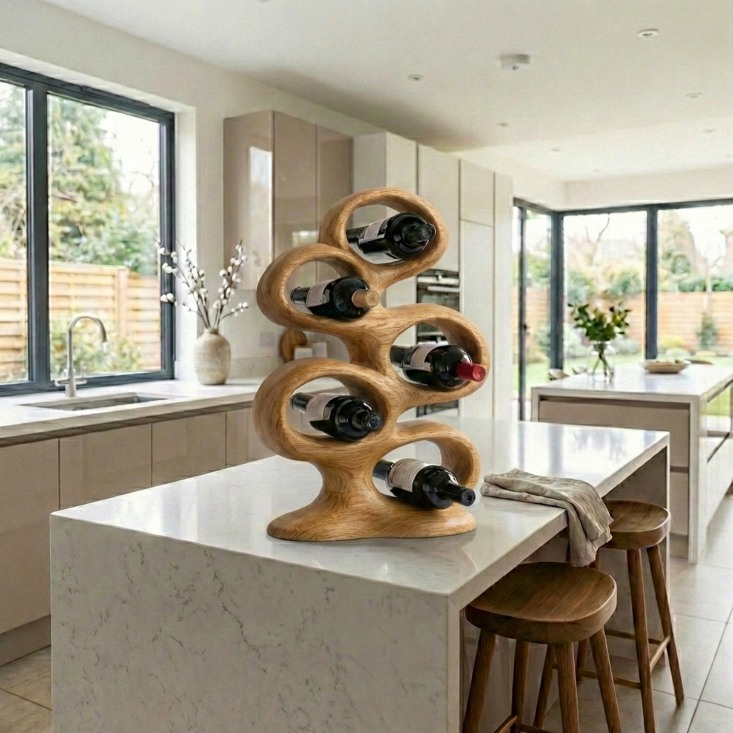 Handcrafted Solid Wood Wine Holder – Sculptural Loop Countertop Wine Rack