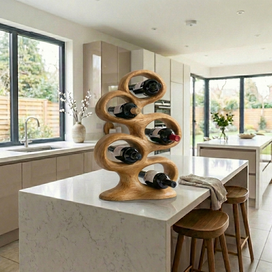 Handcrafted Solid Wood Wine Holder – Sculptural Loop Countertop Wine Rack