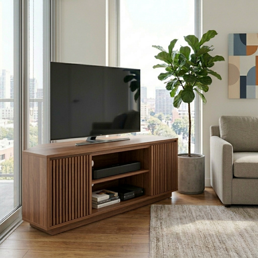 Solid Wood Corner TV Stand with Slatted Doors and Open Media Shelf