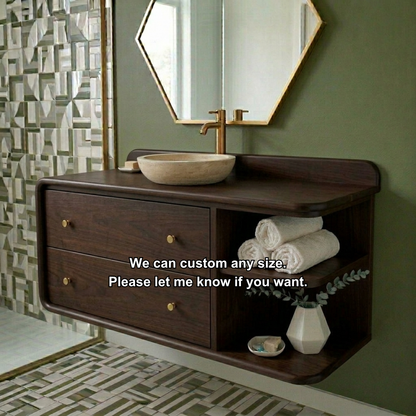 Floating Solid Wood Bathroom Vanity with Rounded Edges, Side Open Shelf and Double Drawers