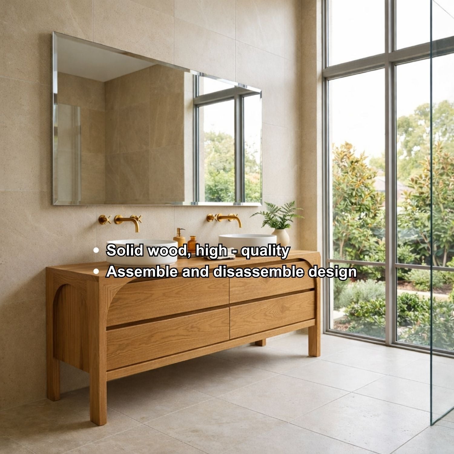 Solid Wood Modern Double Sink Bathroom Vanity with Curved Edge Frame & 4 Drawers Kitchnce