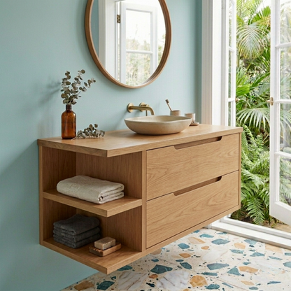Floating Solid Wood Bathroom Vanity with Side Open Shelves and Double Drawers