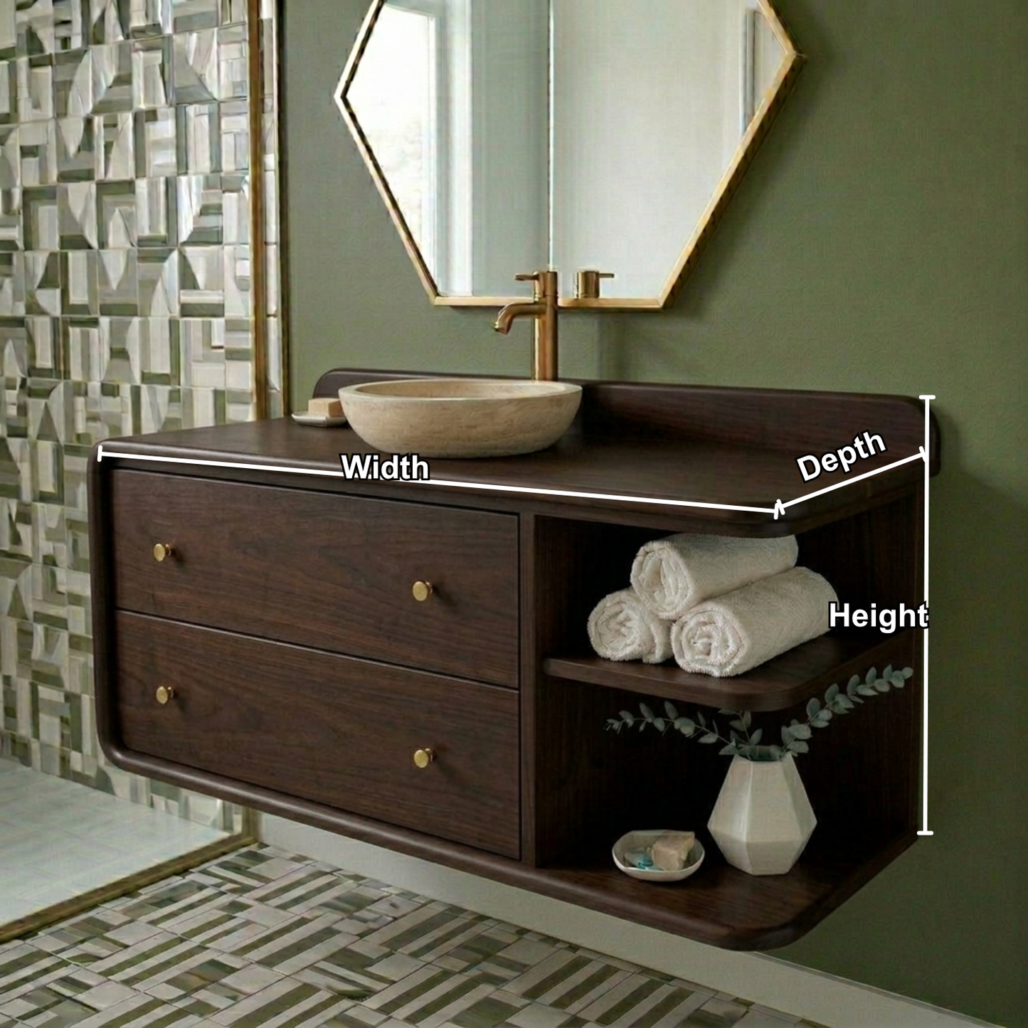 Floating Solid Wood Bathroom Vanity with Rounded Edges, Side Open Shelf and Double Drawers