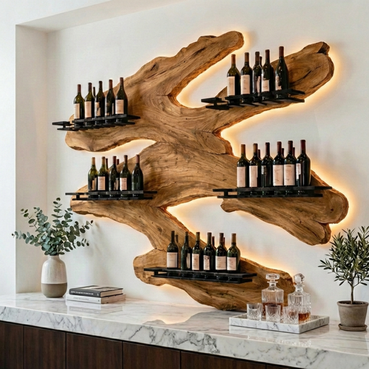 Handcrafted Solid Wood Wall Wine Holder – Live Edge Sculptural Wine Rack