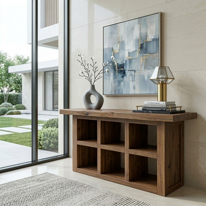 Solid Wood Console Table with Open Cubby Storage – Rustic Modern Entryway Table