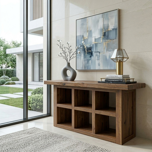 Solid Wood Console Table with Open Cubby Storage – Rustic Modern Entryway Table