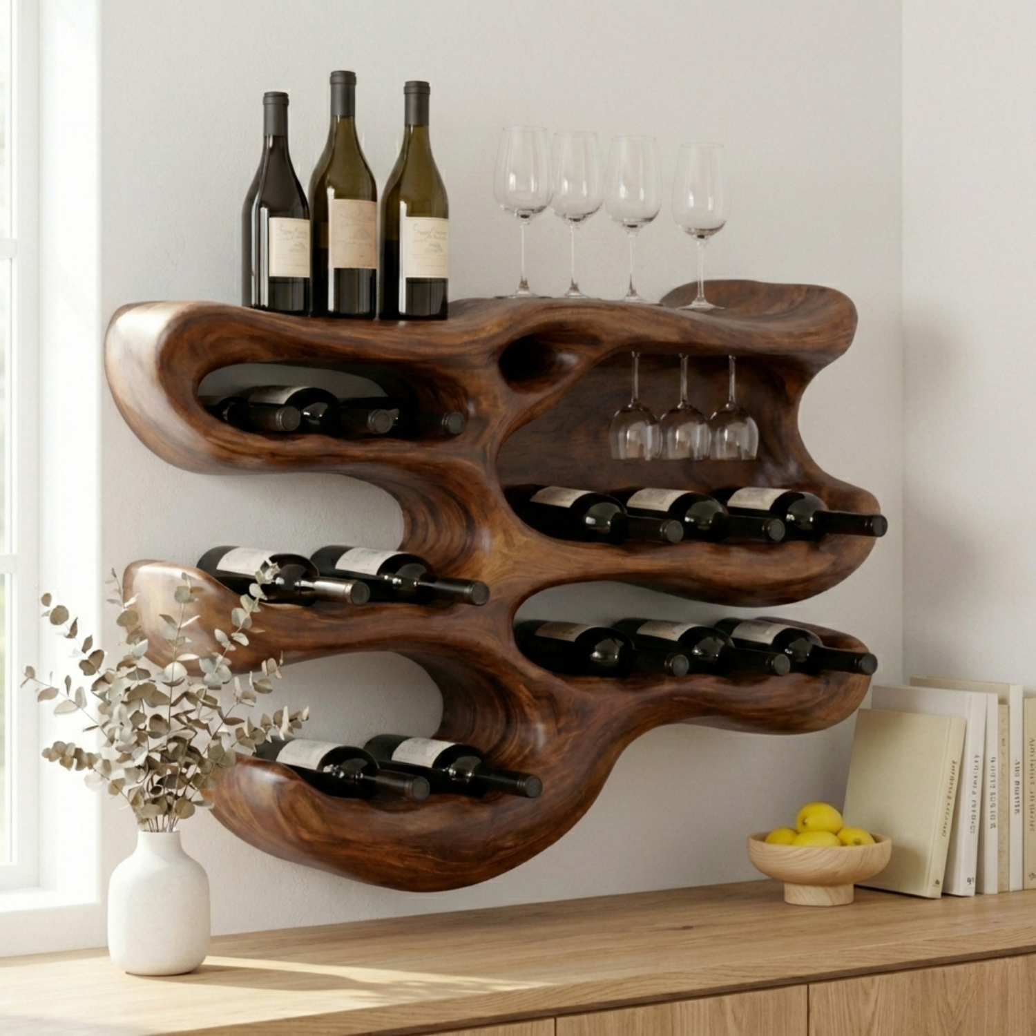 Handcrafted Solid Wood Wall Wine Holder – Sculptural Wine Rack with Glass Storage