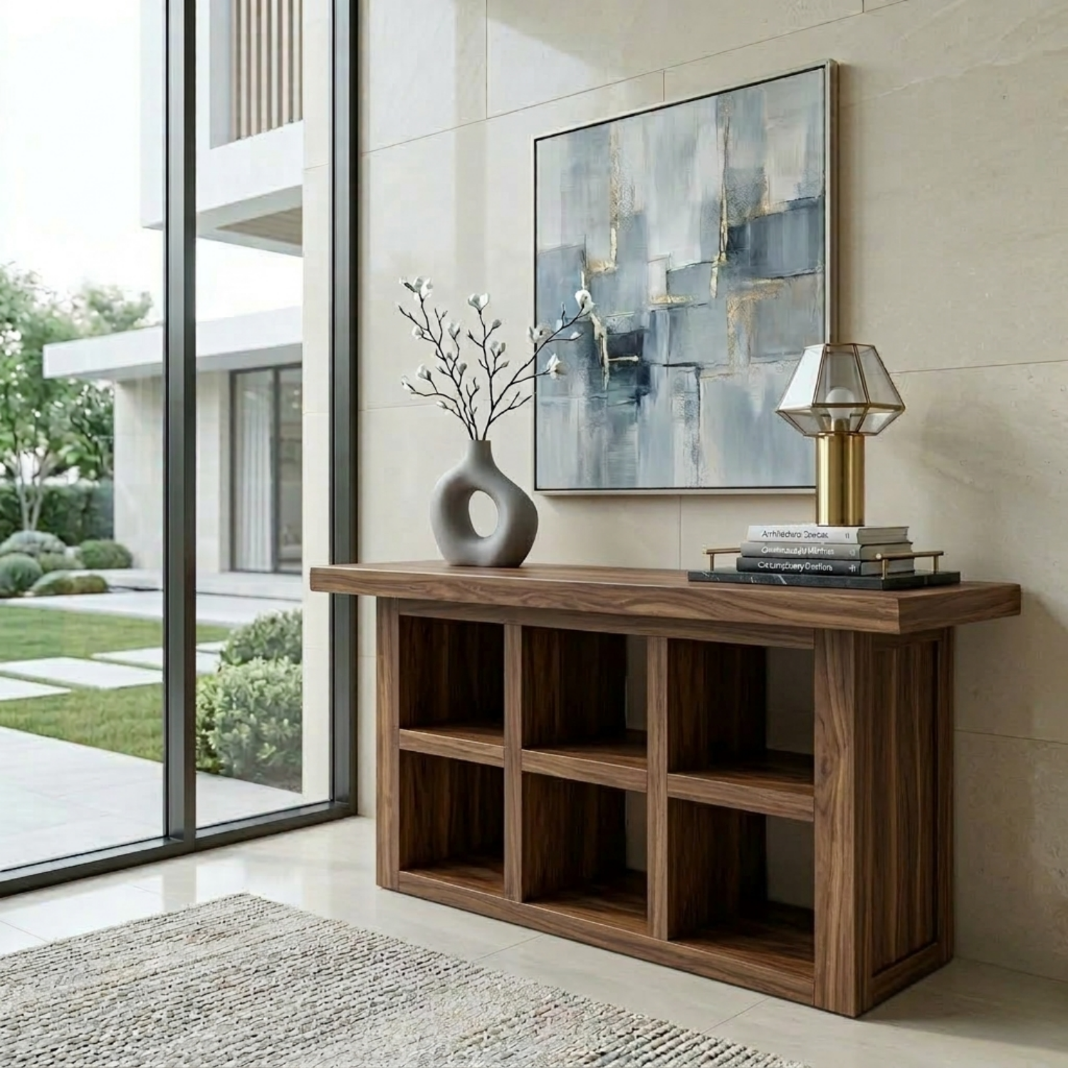 Solid Wood Console Table with Open Cubby Storage – Rustic Modern Entryway Table