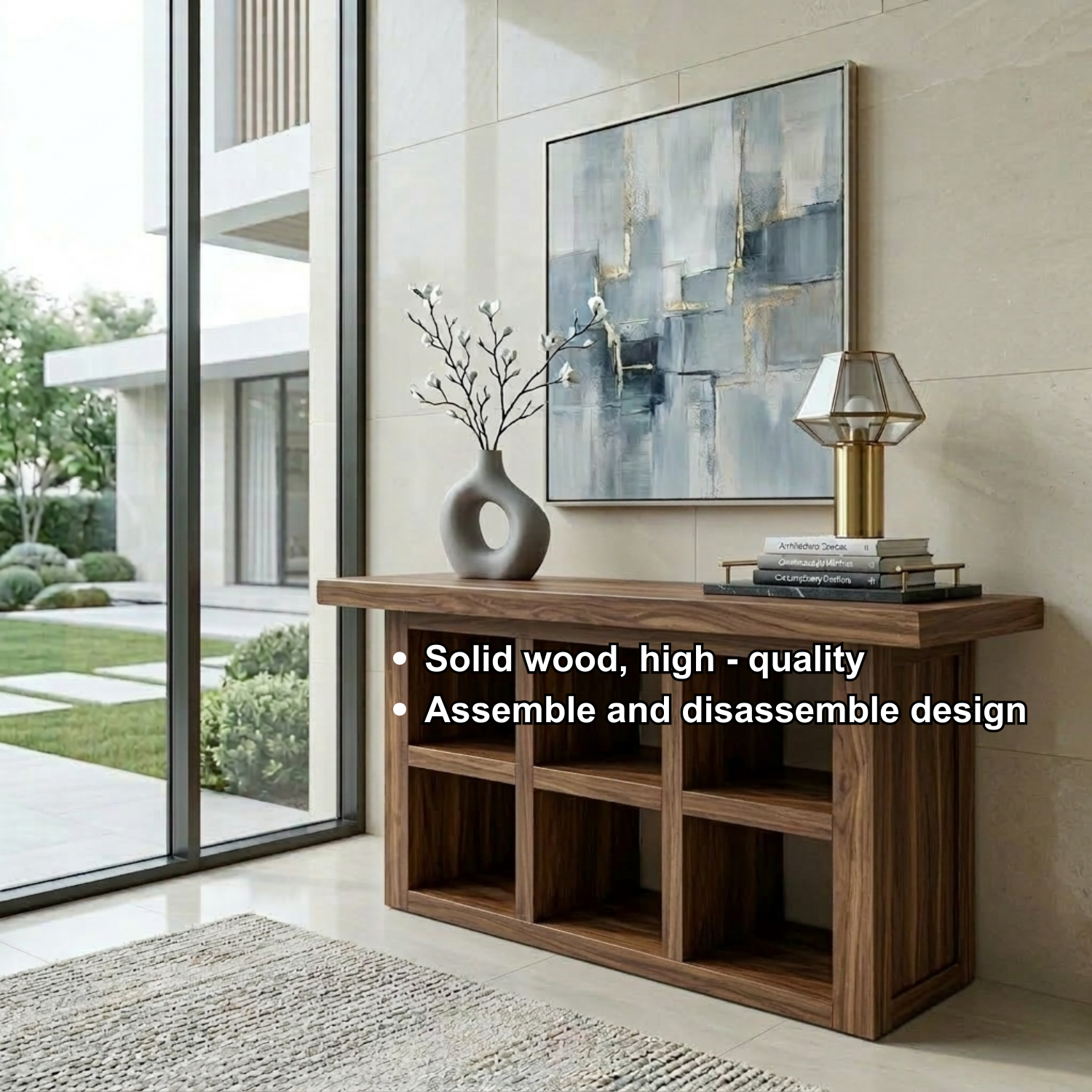 Solid Wood Console Table with Open Cubby Storage – Rustic Modern Entryway Table