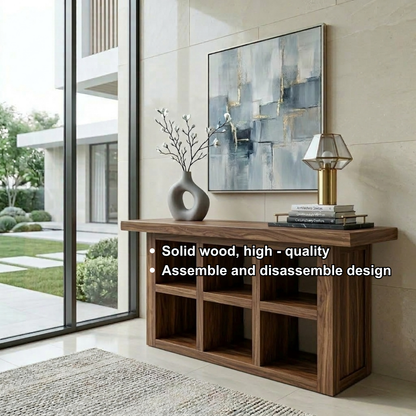 Solid Wood Console Table with Open Cubby Storage – Rustic Modern Entryway Table