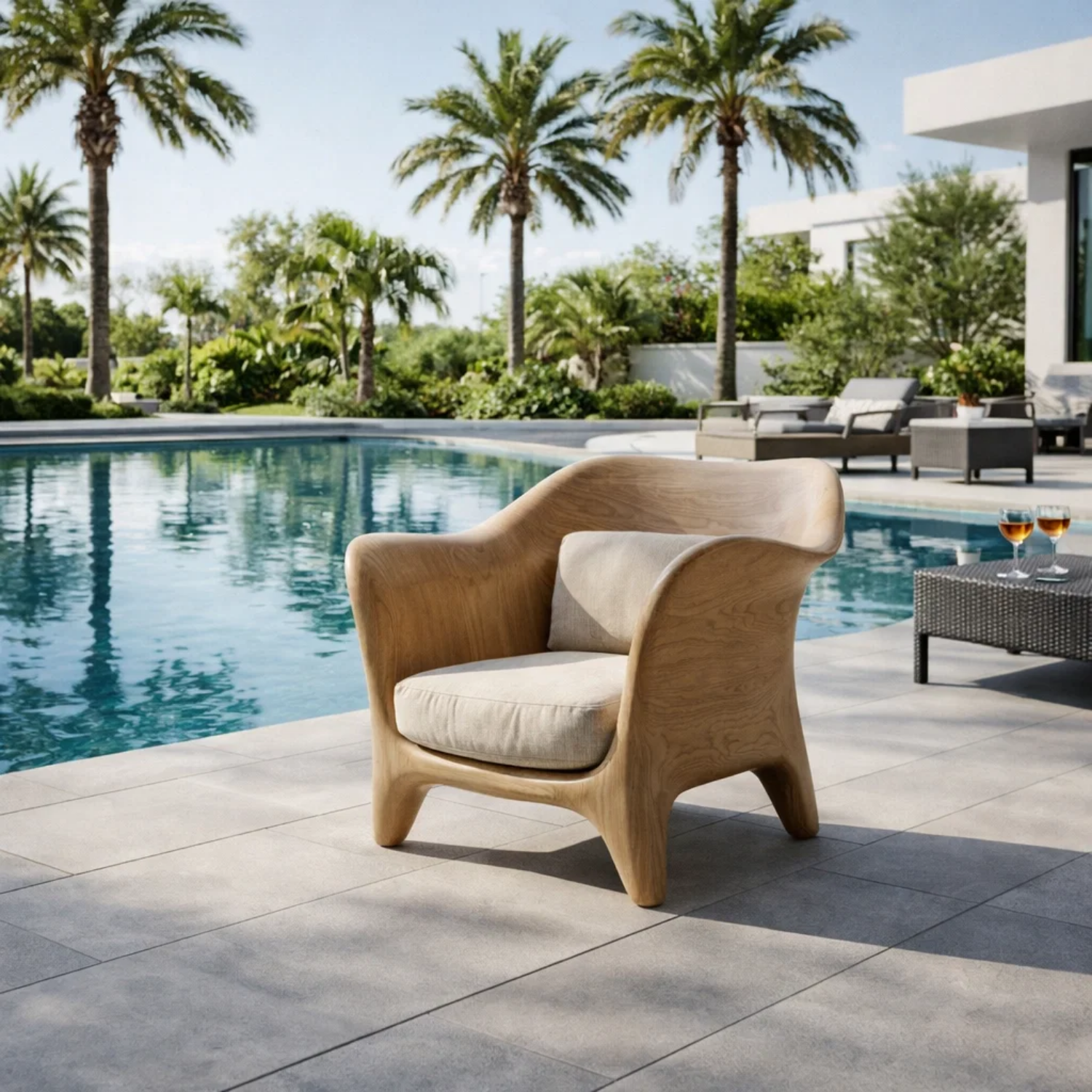 Handcrafted Solid Wood Lounge Chair – Sculpted Curved Outdoor Accent Chair