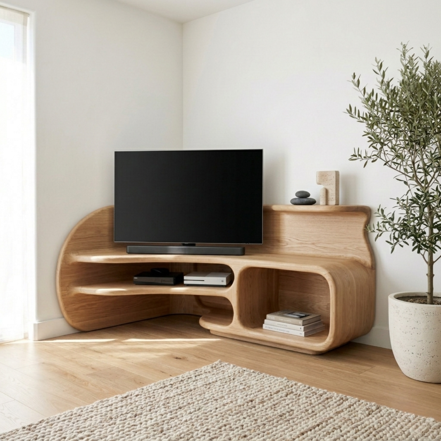 Sculptural Solid Wood Corner TV Stand with Organic Curves and Open Storage