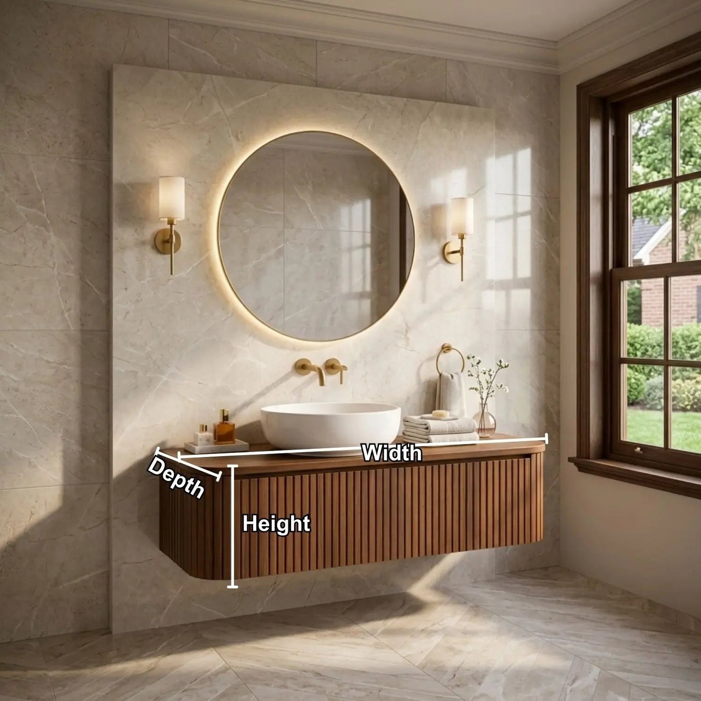 Floating Bathroom Vanity with Fluted Wood Panels and Rounded Edge Design Kitchnce